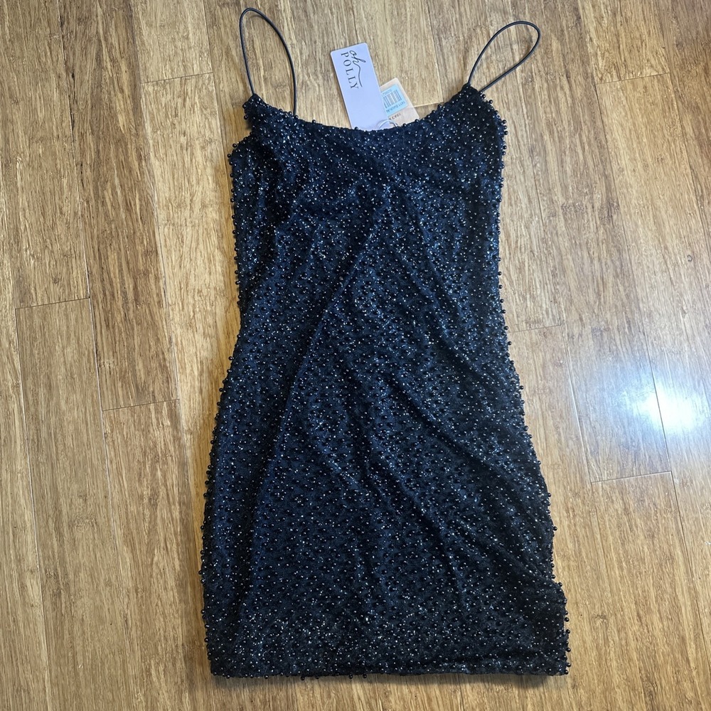 Oh Polly Drop A Glint Mini Dress Embellished Sparkling Beads Bodycon Black US 4
